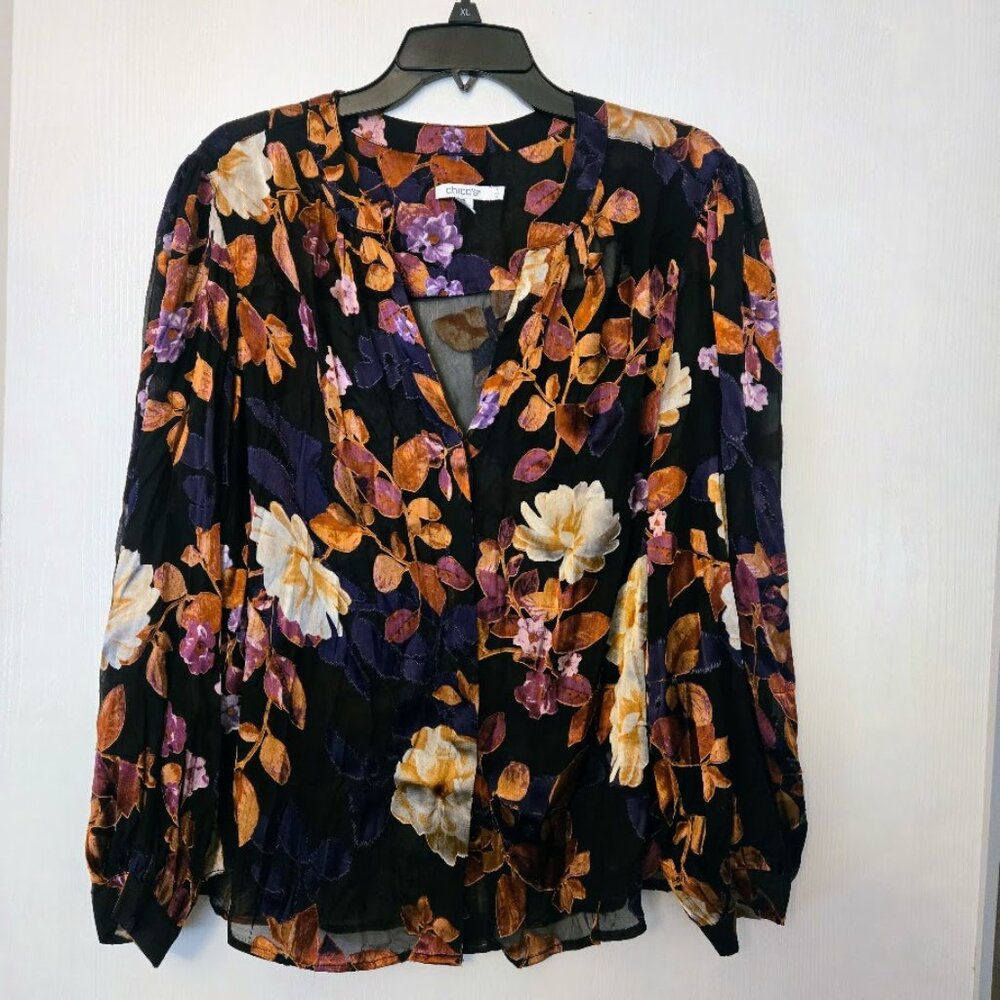 Chico's black floral‎ sheer L/S blouse Size 3/XL